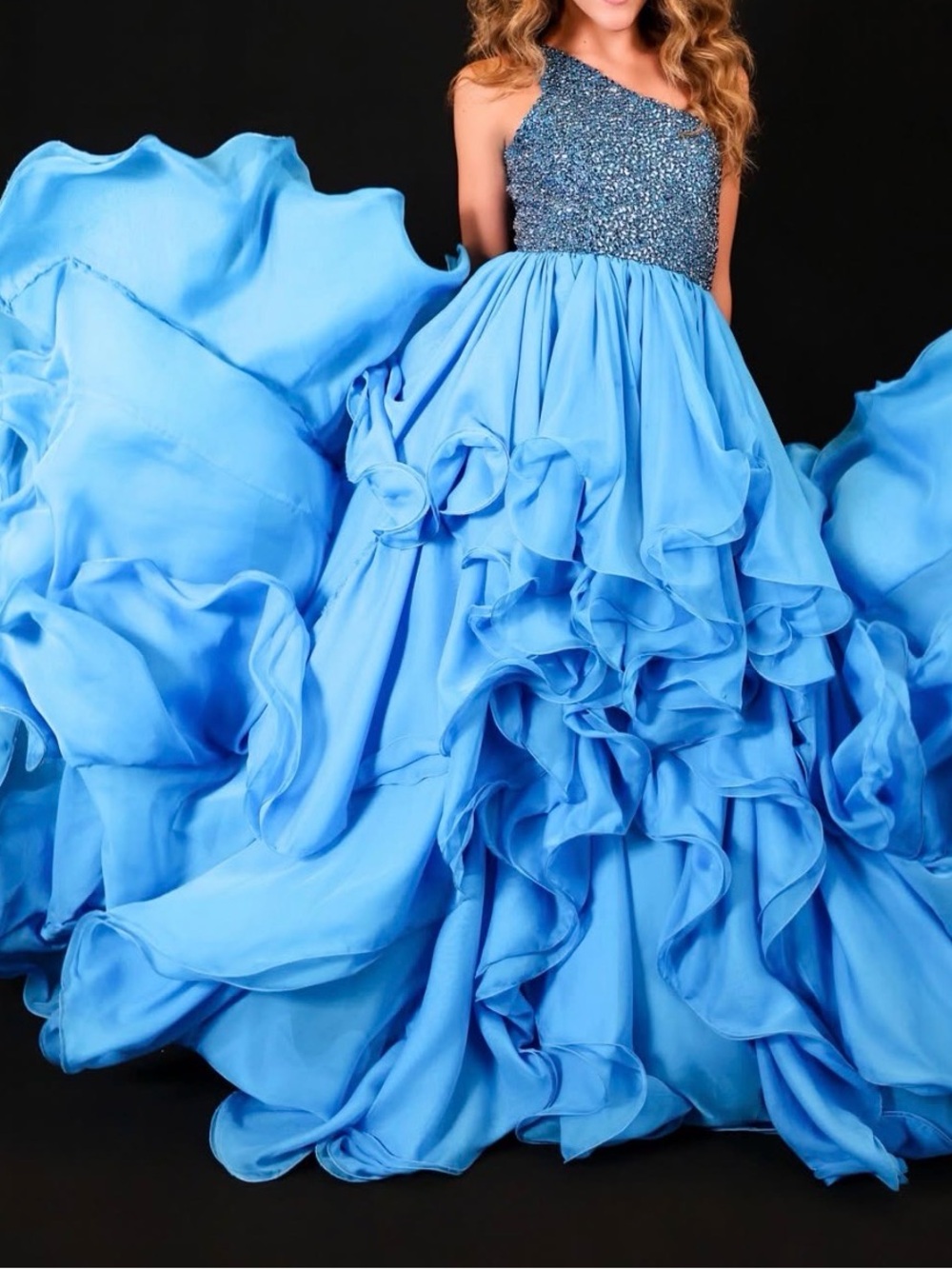 Blue Beaded Bodice Ruffled Formal Dress for Girls